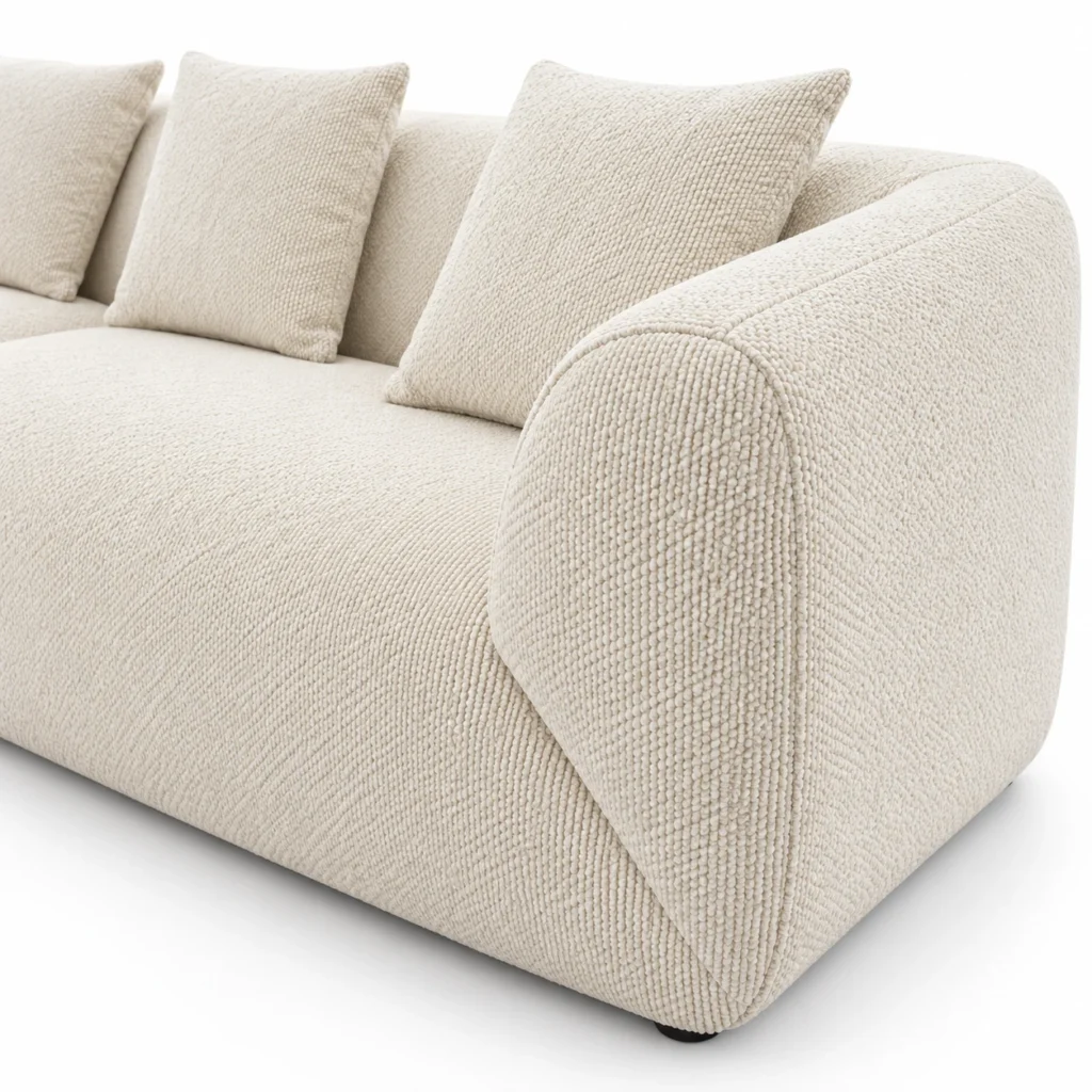 Salon Boucle L ivoire — détail du tissu bouclé et de l’accoudoir