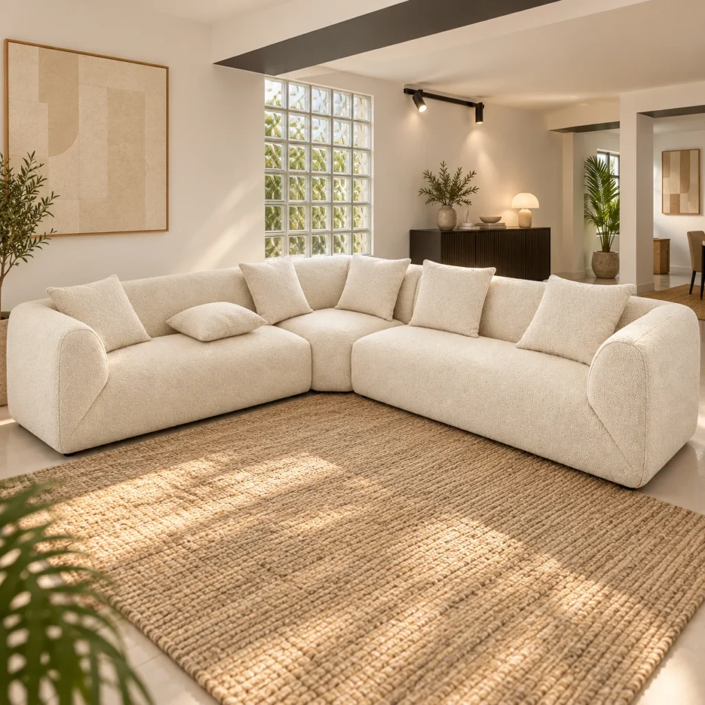 Salon Boucle L ivoire — mise en situation avec deux accoudoirs