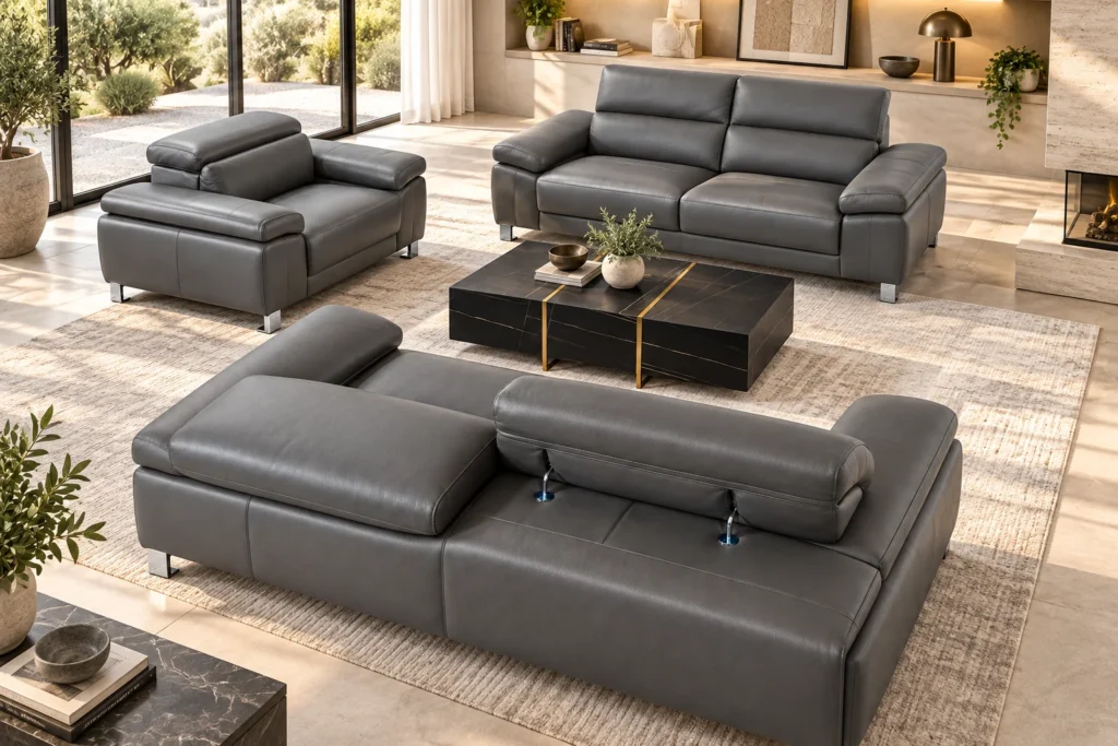 Salon Ardesia gris avec fauteuil, canapés et table centrale noire — vue lifestyle à 45 degrés