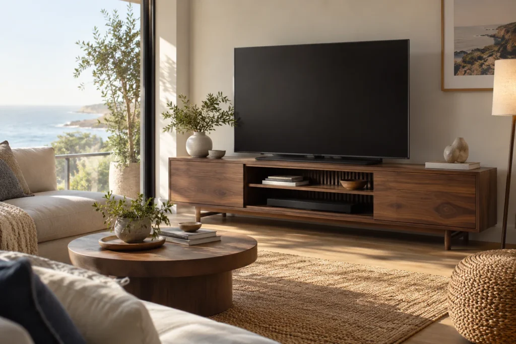 Meuble TV en bois avec écran et rangement organisé — illustration d’inspiration