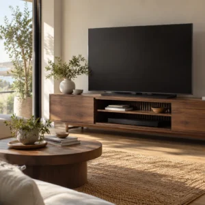 Meuble TV en bois avec écran et rangement organisé — illustration d’inspiration