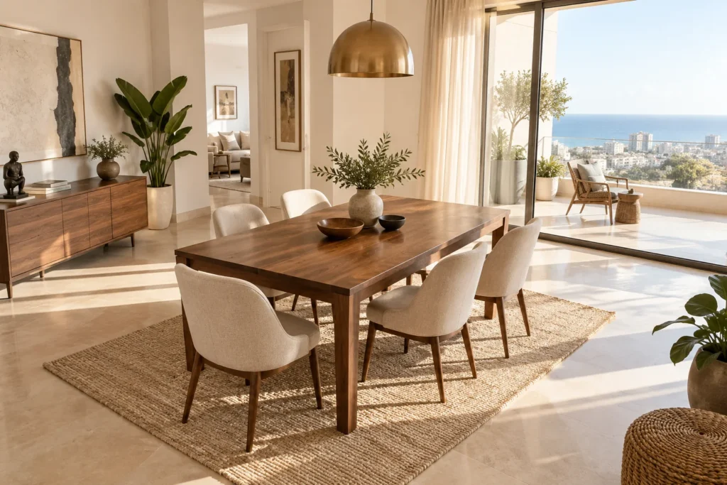 Table à manger en bois entourée de six chaises — illustration d’inspiration