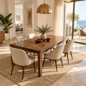 Table à manger en bois entourée de six chaises — illustration d’inspiration