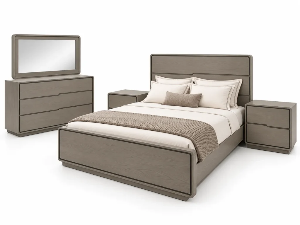 Chambre queen size Tortora gris taupe avec lit, deux chevets, commode et miroir G HOME
