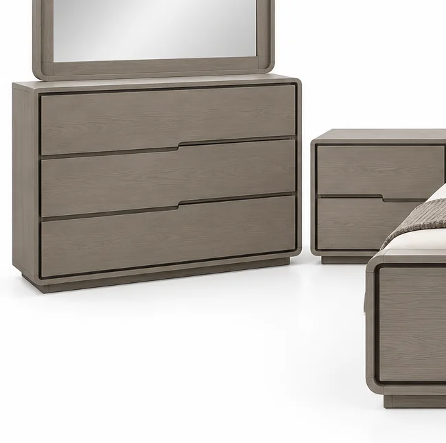 Chambre queen size Tortora gris taupe avec lit, deux chevets, commode et miroir G HOME