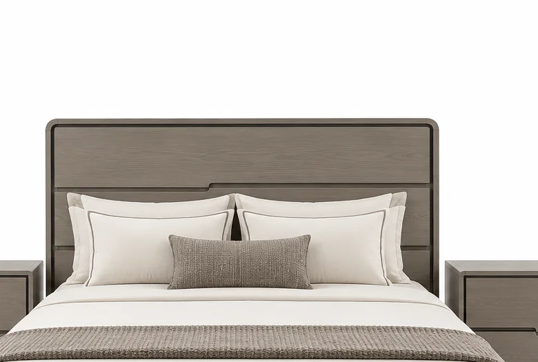 Chambre queen size Tortora gris taupe avec lit, deux chevets, commode et miroir G HOME