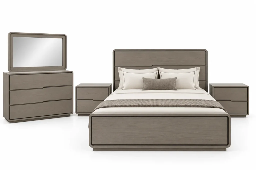Chambre queen size Tortora gris taupe avec lit, deux chevets, commode et miroir G HOME