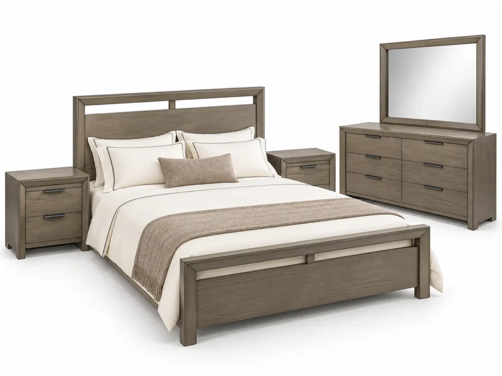 Ensemble chambre Trave gris-brun avec lit ajouré, deux chevets, commode six tiroirs et miroir G HOME