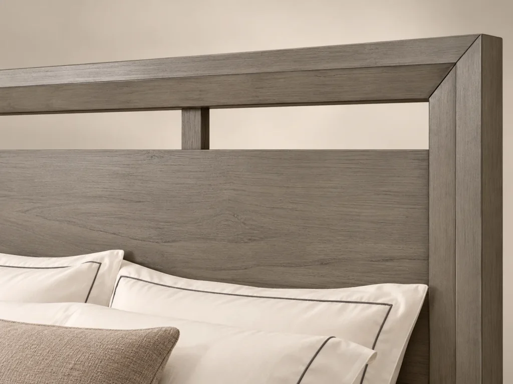 Ensemble chambre Trave gris-brun avec lit ajouré, deux chevets, commode six tiroirs et miroir G HOME
