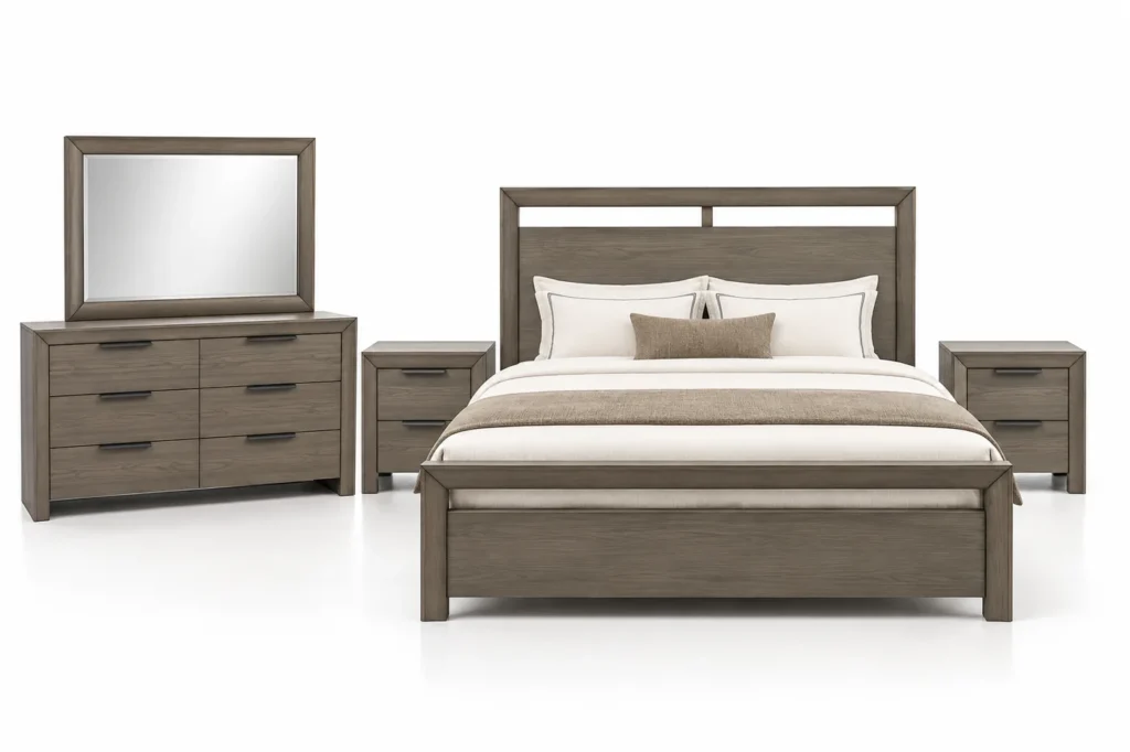 Ensemble chambre Trave gris-brun avec lit ajouré, deux chevets, commode six tiroirs et miroir G HOME