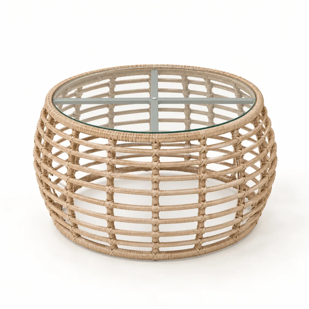 Table basse Intreccio Sabbia : plateau rond en verre et base ajourée beige sable