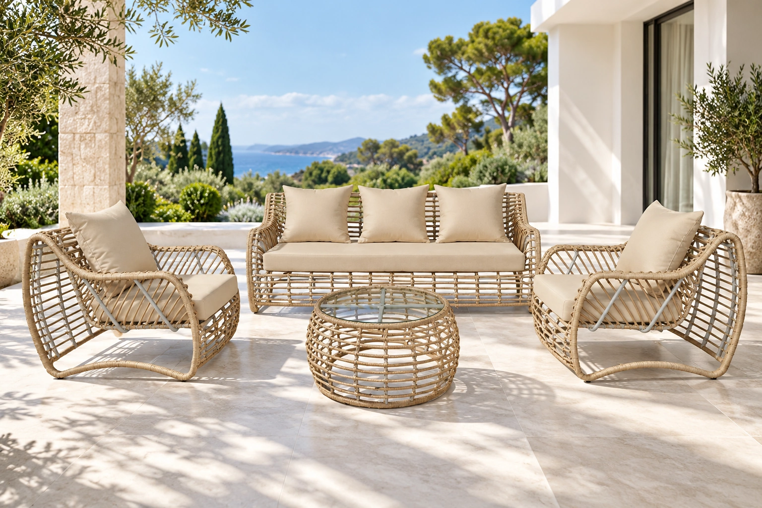 Salon extérieur Intreccio Sabbia sur une terrasse : canapé, deux fauteuils et table ronde en verre