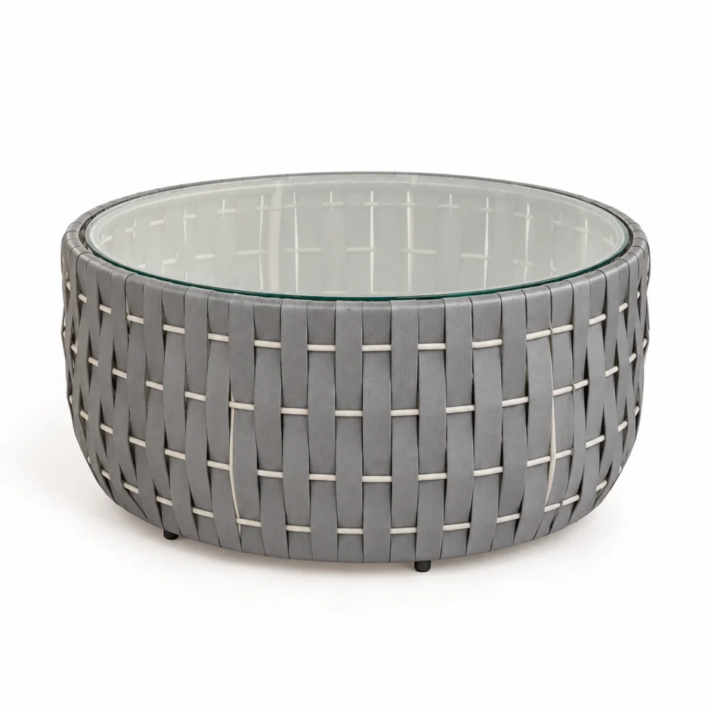 Table basse Fascia Grigia : plateau rond en verre et base tressée grise