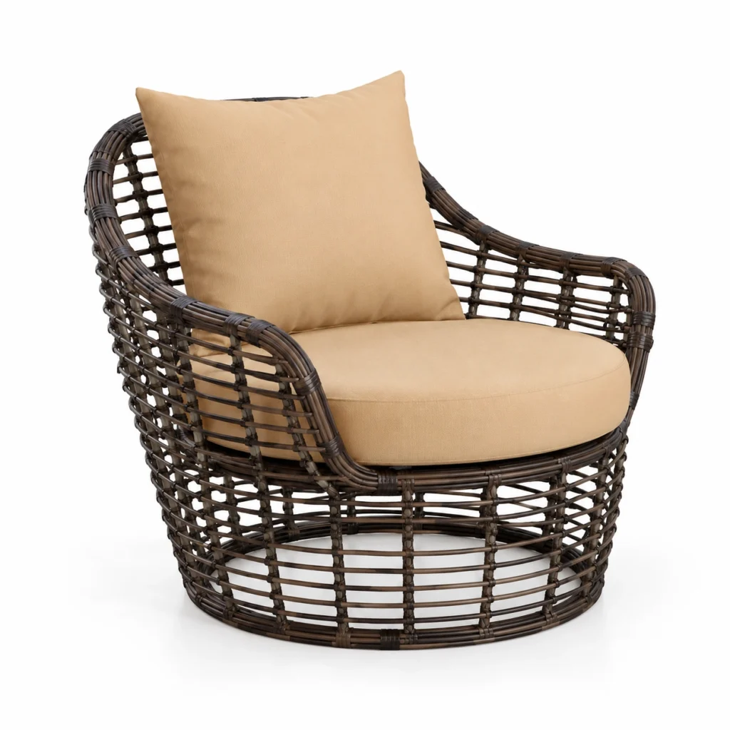 Fauteuil Cesto Bruno : tressage ajouré brun foncé et base basse enveloppante