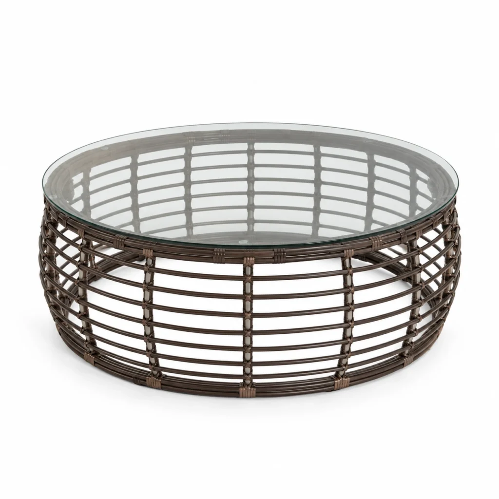 Table basse Cesto Bruno : plateau rond en verre et base tressée brun foncé