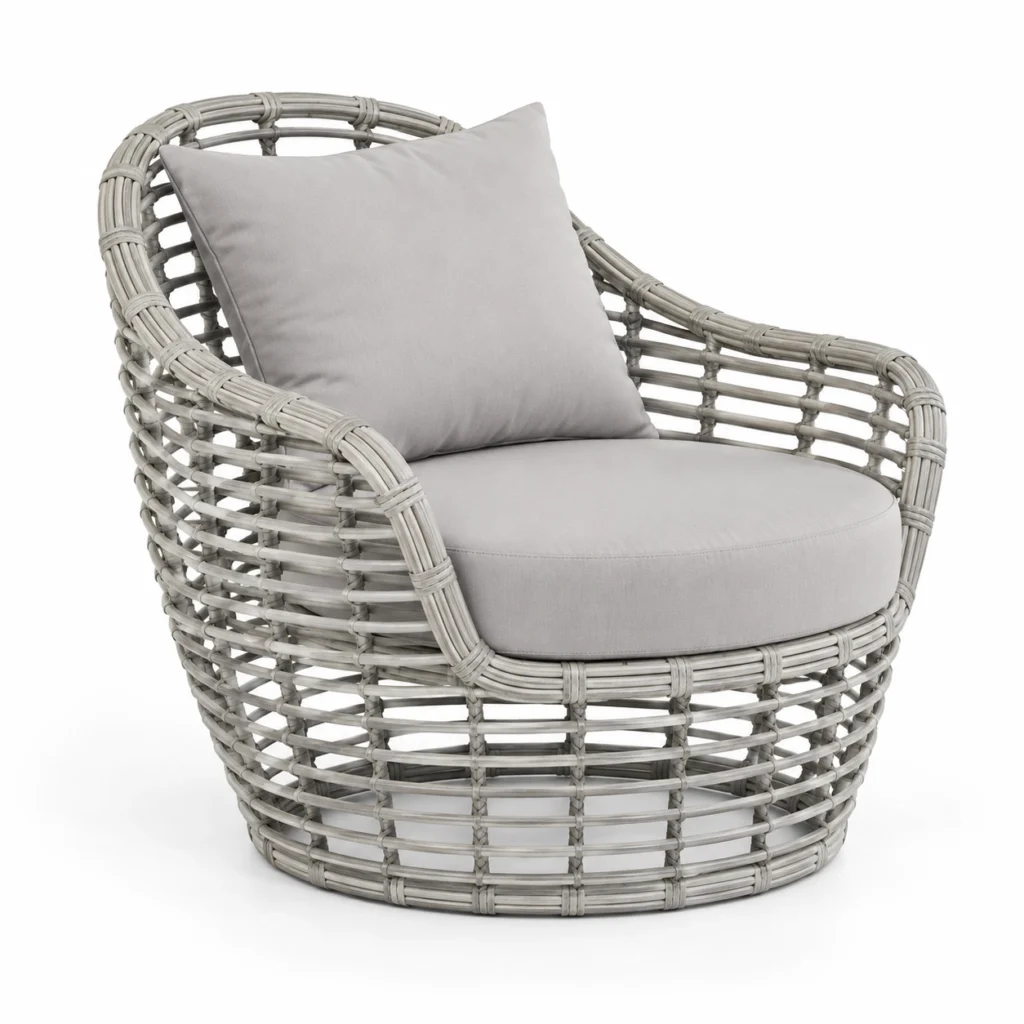 Fauteuil Cesto Grigio : tressage ajouré gris clair et base basse enveloppante
