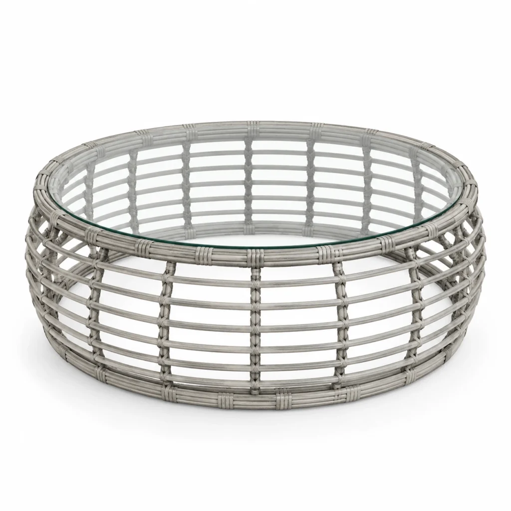 Table basse Cesto Grigio : plateau rond en verre et base tressée gris clair