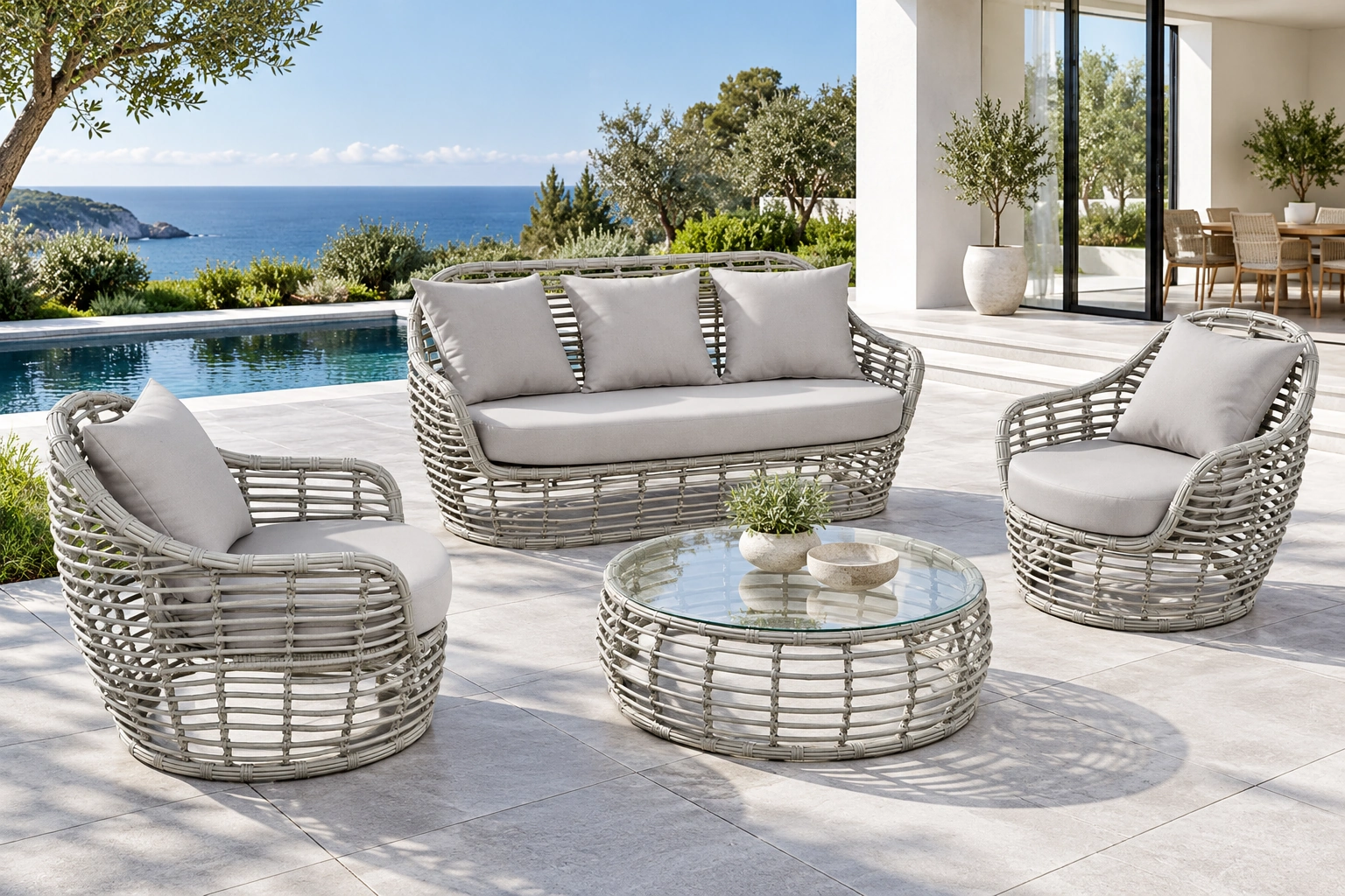 Salon extérieur Cesto Grigio sur une terrasse : canapé, deux fauteuils et table ronde en verre
