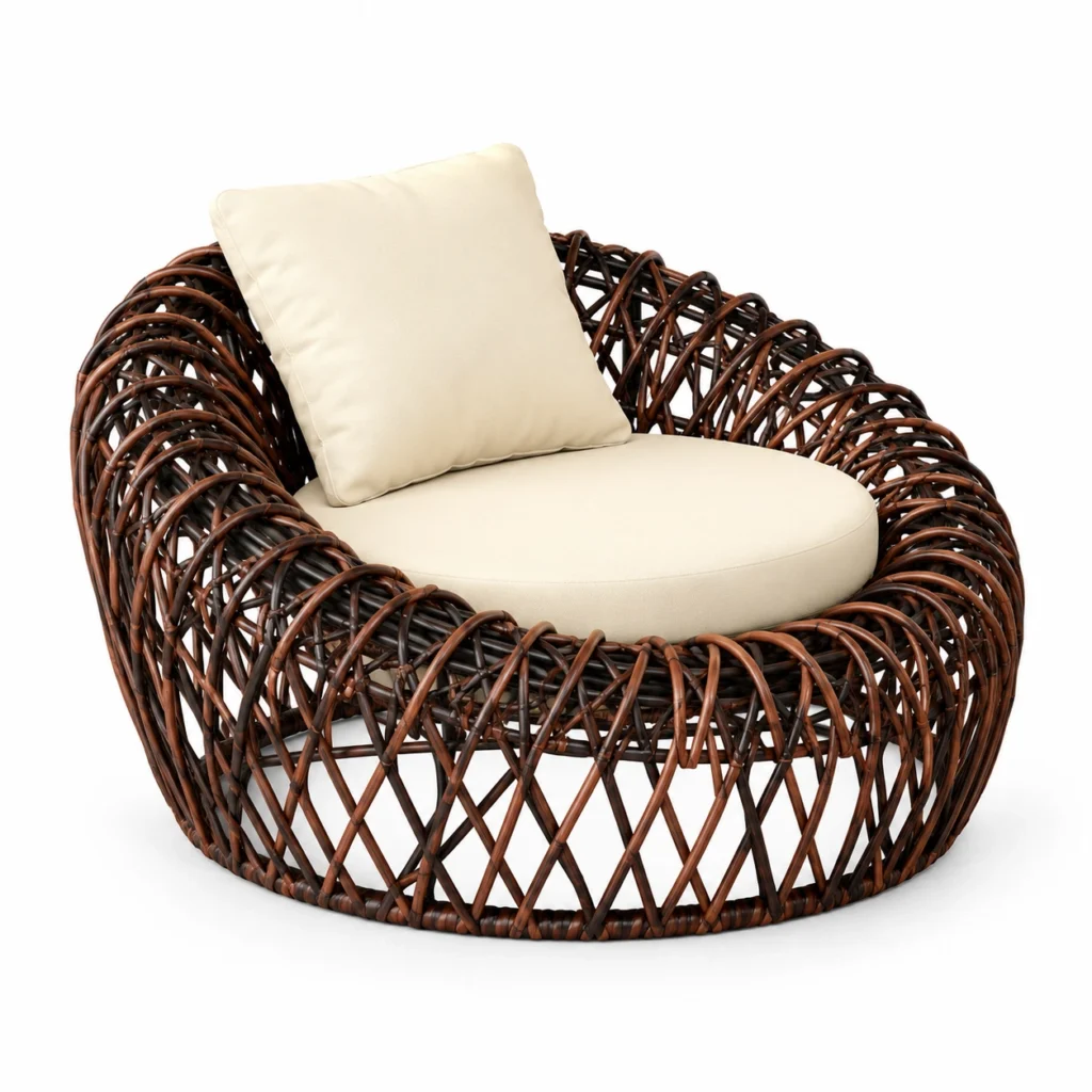 Fauteuil Nido Castano : tressage ajouré brun foncé et base basse arrondie