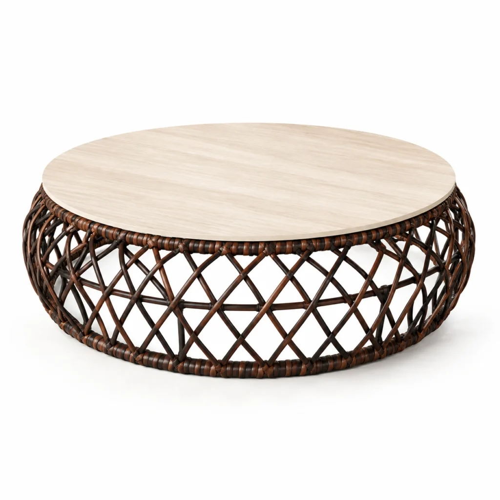 Table basse Nido Castano : plateau rond à plateau plein aspect bois clair et base tressée brun foncé