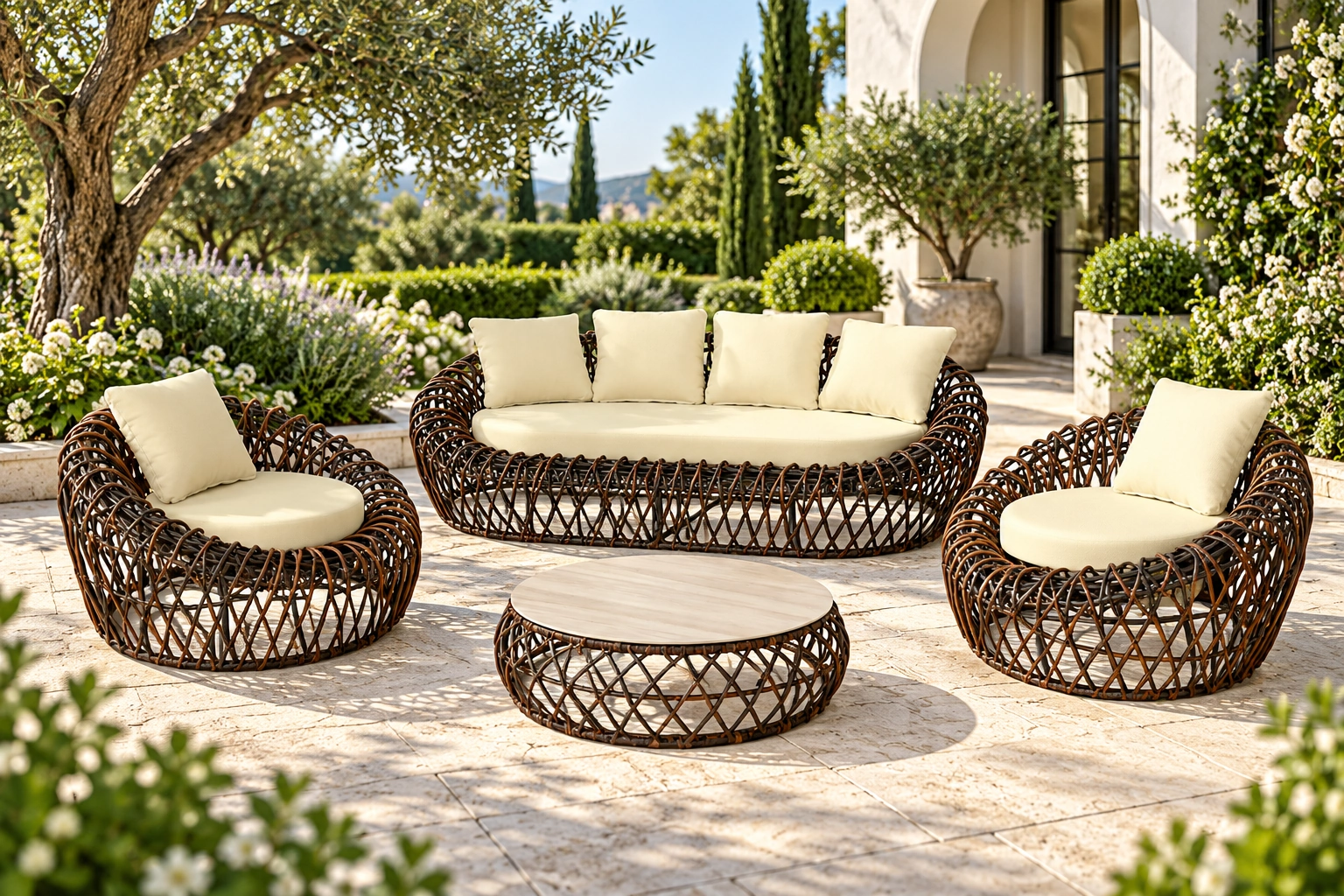Salon extérieur Nido Castano sur une terrasse : canapé, deux fauteuils et table ronde à plateau plein