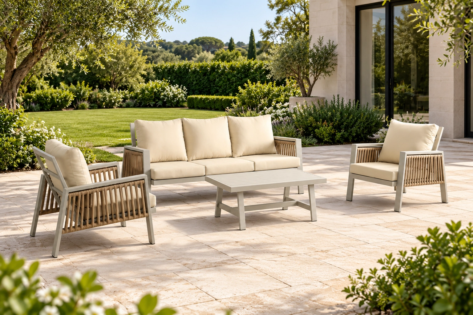 Salon extérieur Telaio Sabbia sur une terrasse : canapé, deux fauteuils et table rectangulaire claire