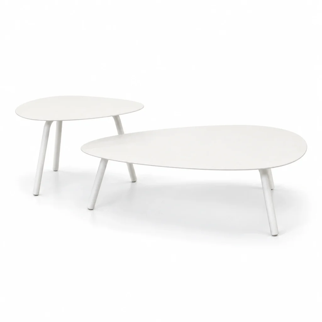 Intreccio Perla : duo de tables blanches aux formes galet et de hauteurs différentes