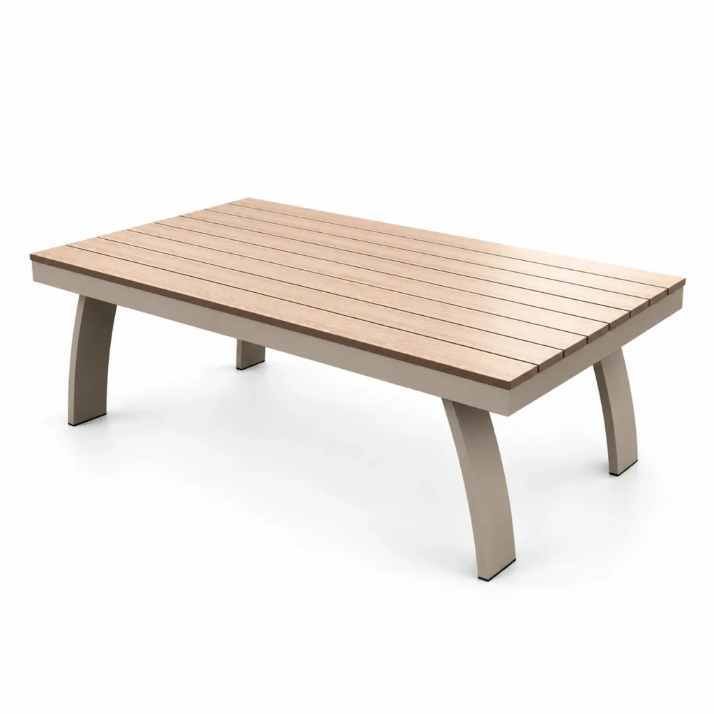 Table basse Arco Visone : plateau à lattes aspect bois et pieds courbés