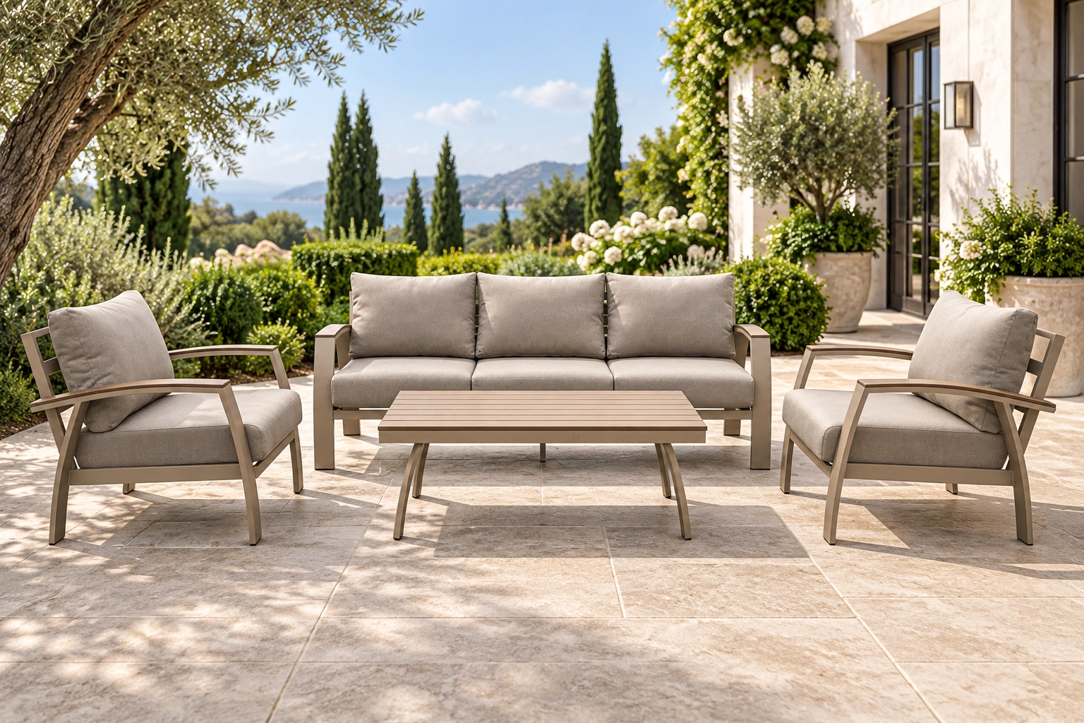 Salon extérieur Arco Visone sur une terrasse : canapé, deux fauteuils et table rectangulaire