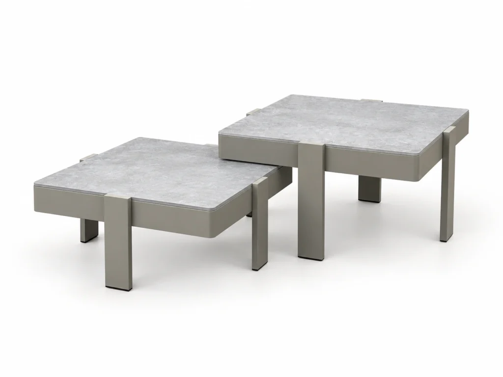 Angolo Pietra : deux tables carrées gigognes à plateaux aspect pierre