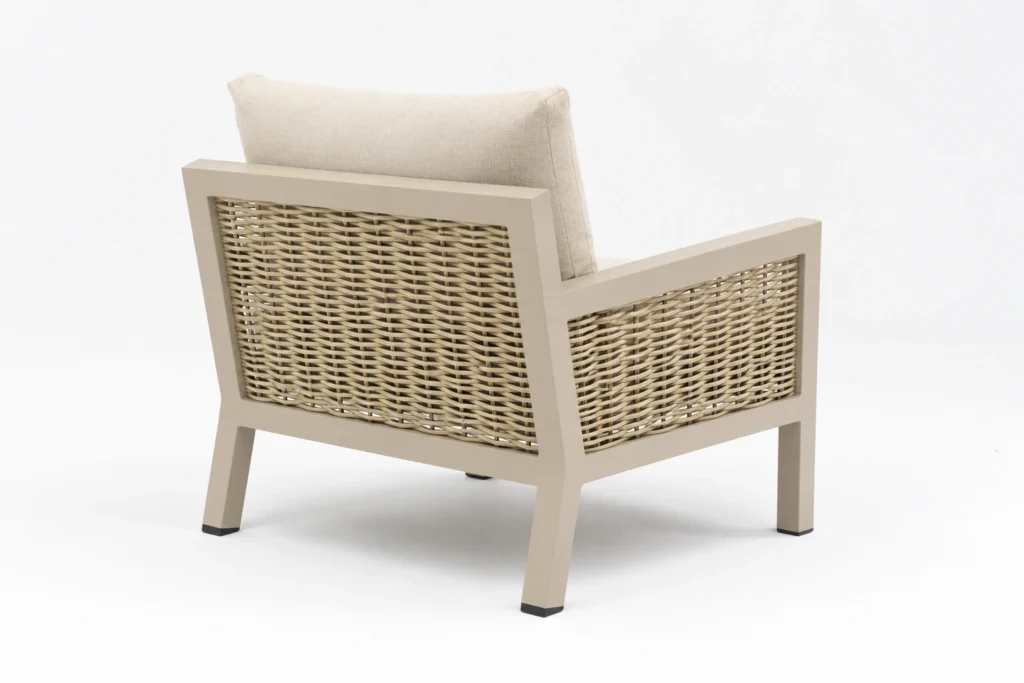Fauteuil Tela Sabbia vu de dos : panneaux latéraux et dossier à tressage horizontal