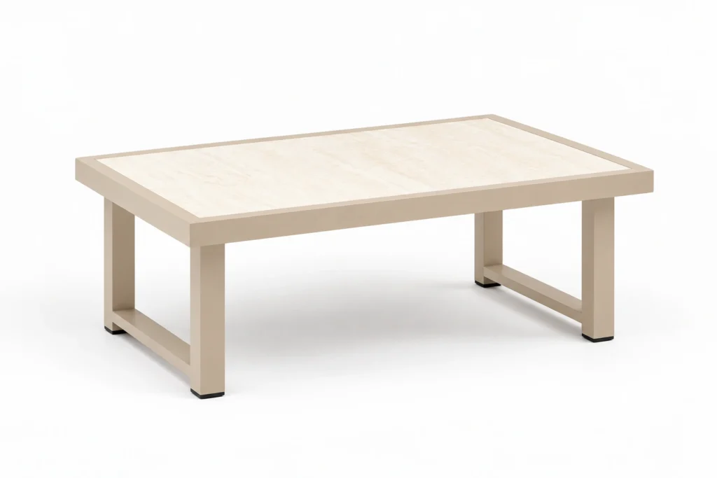 Table basse Tela Sabbia : plateau clair et piètements rectangulaires ouverts