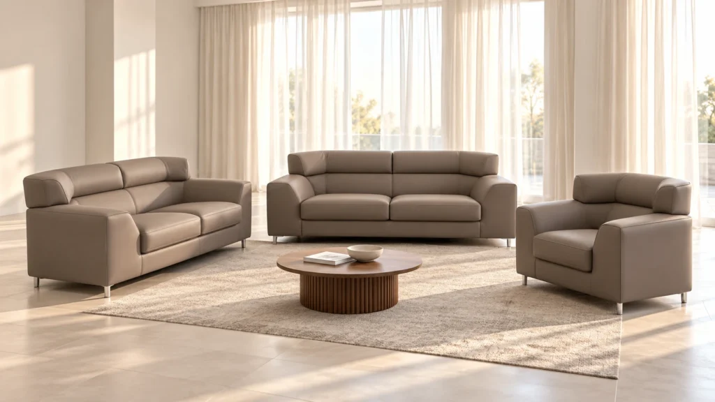 Salon Perla beige perle avec deux canapés et un fauteuil G HOME