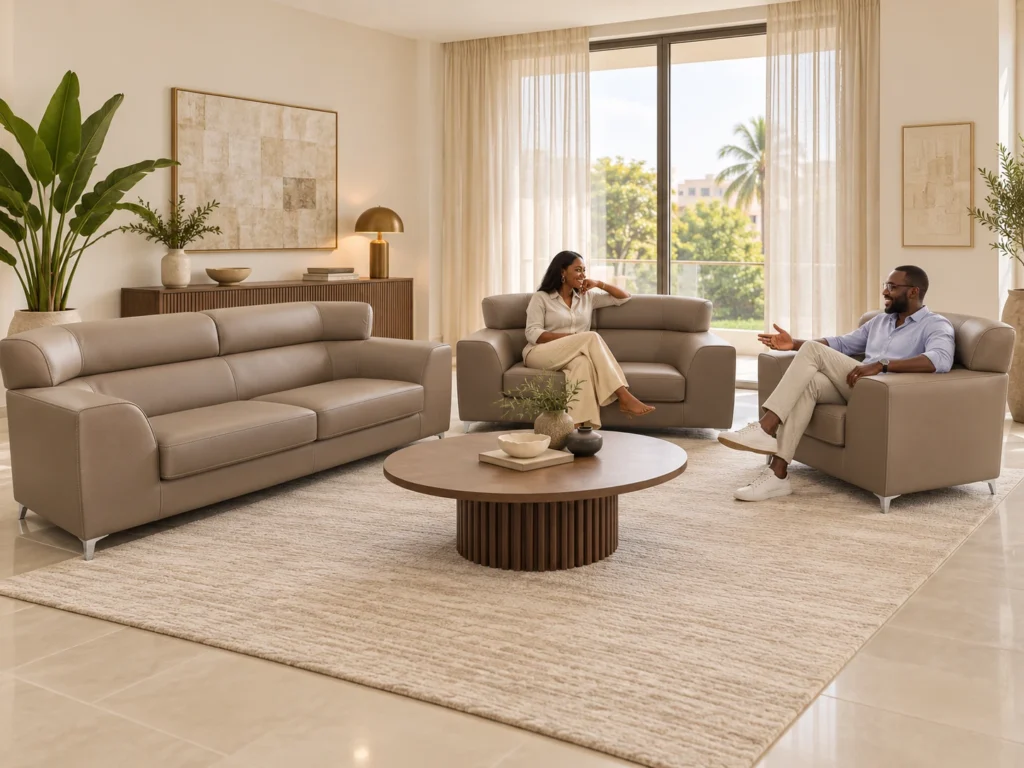Salon Perla beige perle avec deux canapés et un fauteuil G HOME