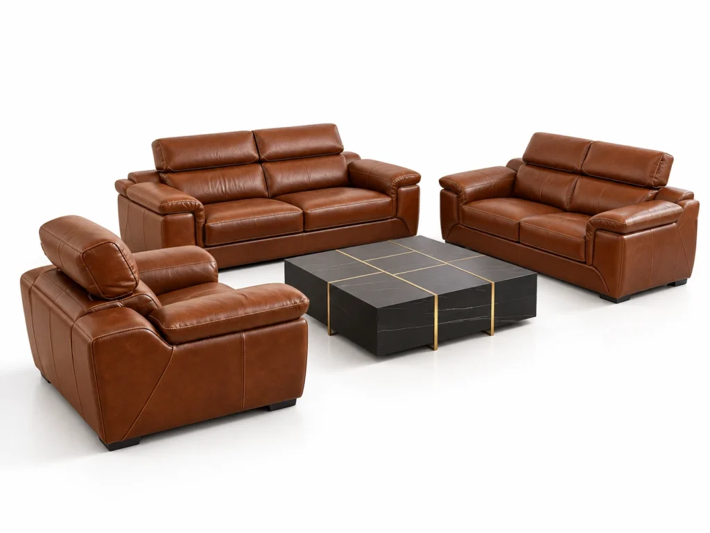 Salon Castano brun cognac avec deux canapés et un fauteuil, vue à 45 degrés sur fond blanc — G HOME