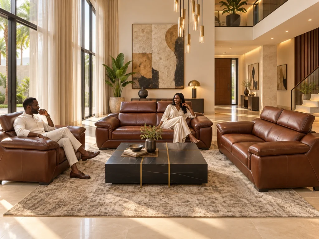 Salon Castano brun cognac en ambiance avec modèles sénégalais — G HOME