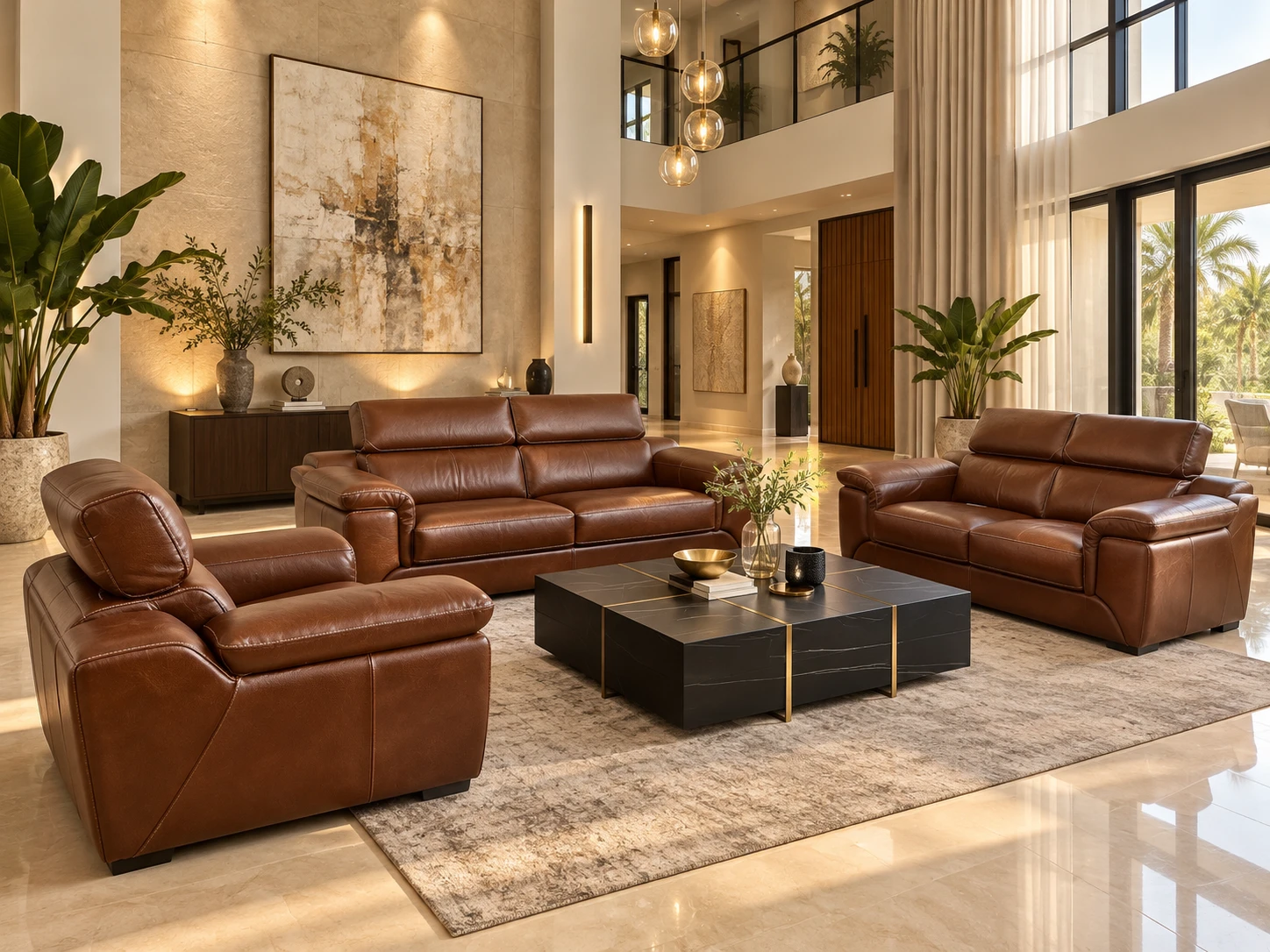 Salon Castano brun cognac dans une ambiance de séjour contemporaine — G HOME