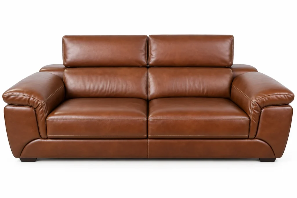 Grand canapé Castano brun cognac vu de face sur fond blanc — G HOME