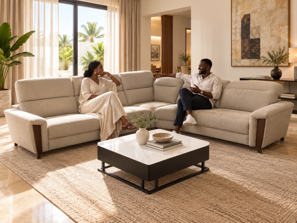 Canapé d’angle Linara écru en ambiance avec modèles sénégalais — G HOME