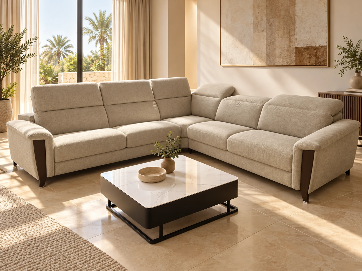 Canapé d’angle Linara écru dans un salon contemporain lumineux — G HOME