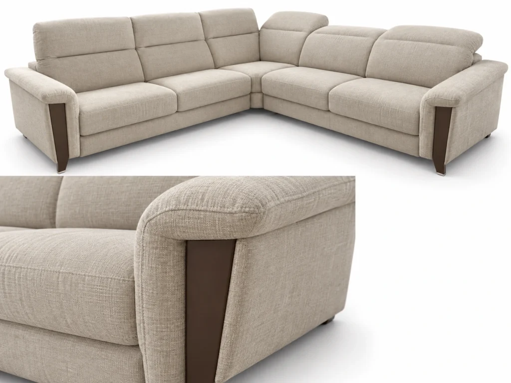 Détail de l’accoudoir et de l’insert brun du canapé Linara écru — G HOME