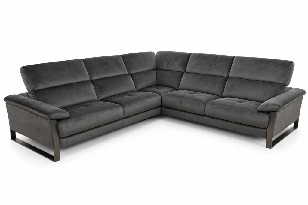 Canapé d’angle Grafito gris anthracite vu à 45 degrés sur fond blanc — G HOME