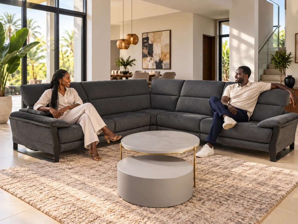 Canapé d’angle Grafito gris anthracite avec modèles sénégalais — G HOME