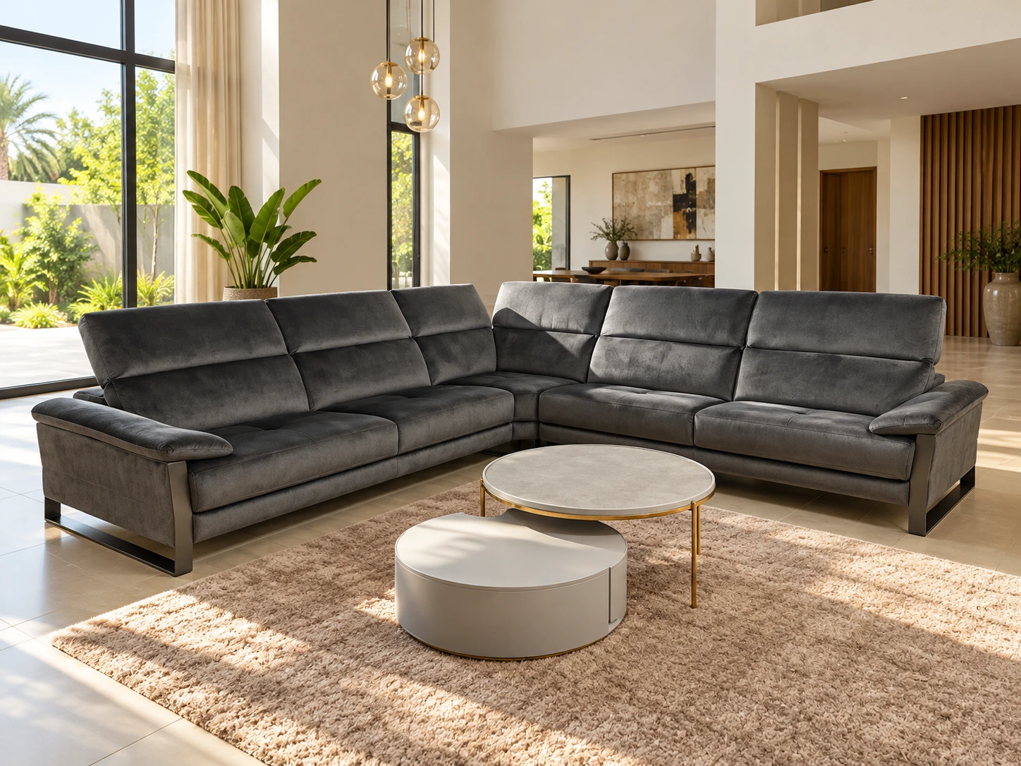 Canapé d’angle Grafito gris anthracite dans un salon contemporain lumineux — G HOME