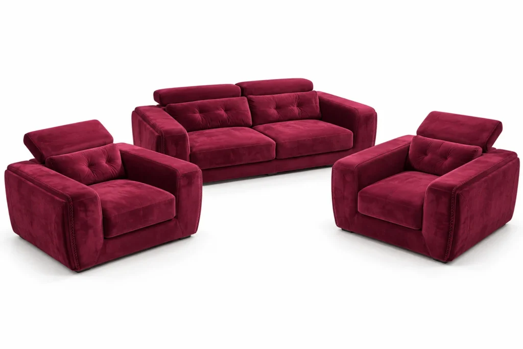 Salon Granata trois pièces rouge rubis — vue à 45 degrés sur fond blanc — G HOME