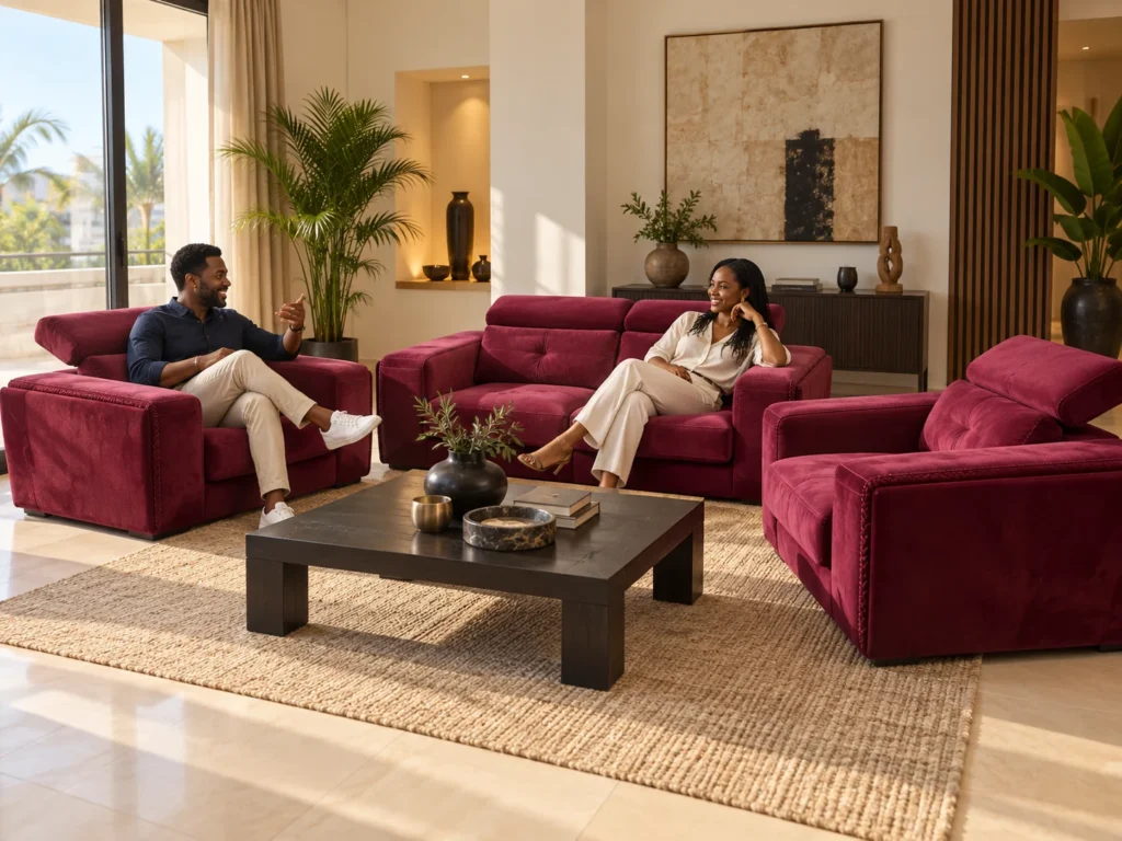 Salon Granata rouge rubis avec modèles sénégalais dans un intérieur contemporain — G HOME