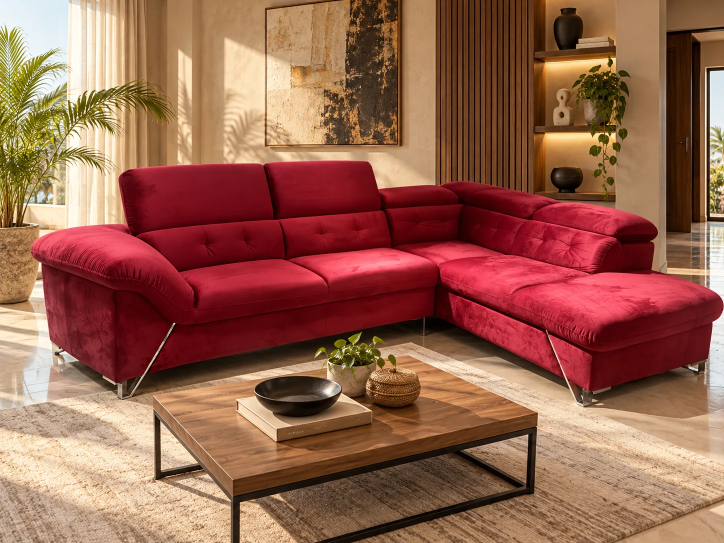 Rubino Angolo canapé d’angle rouge rubis en tissu, vue lifestyle sans modèle — G HOME