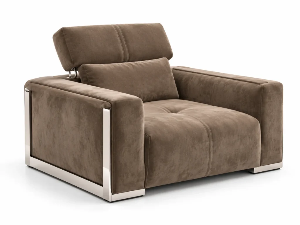 Fauteuil Visone taupe, vue latérale trois quarts sur fond blanc — G HOME