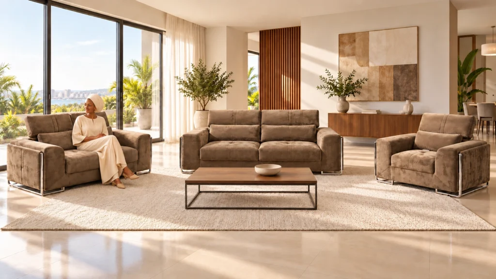 Visone, salon taupe dans un intérieur avec modèle sénégalaise — G HOME