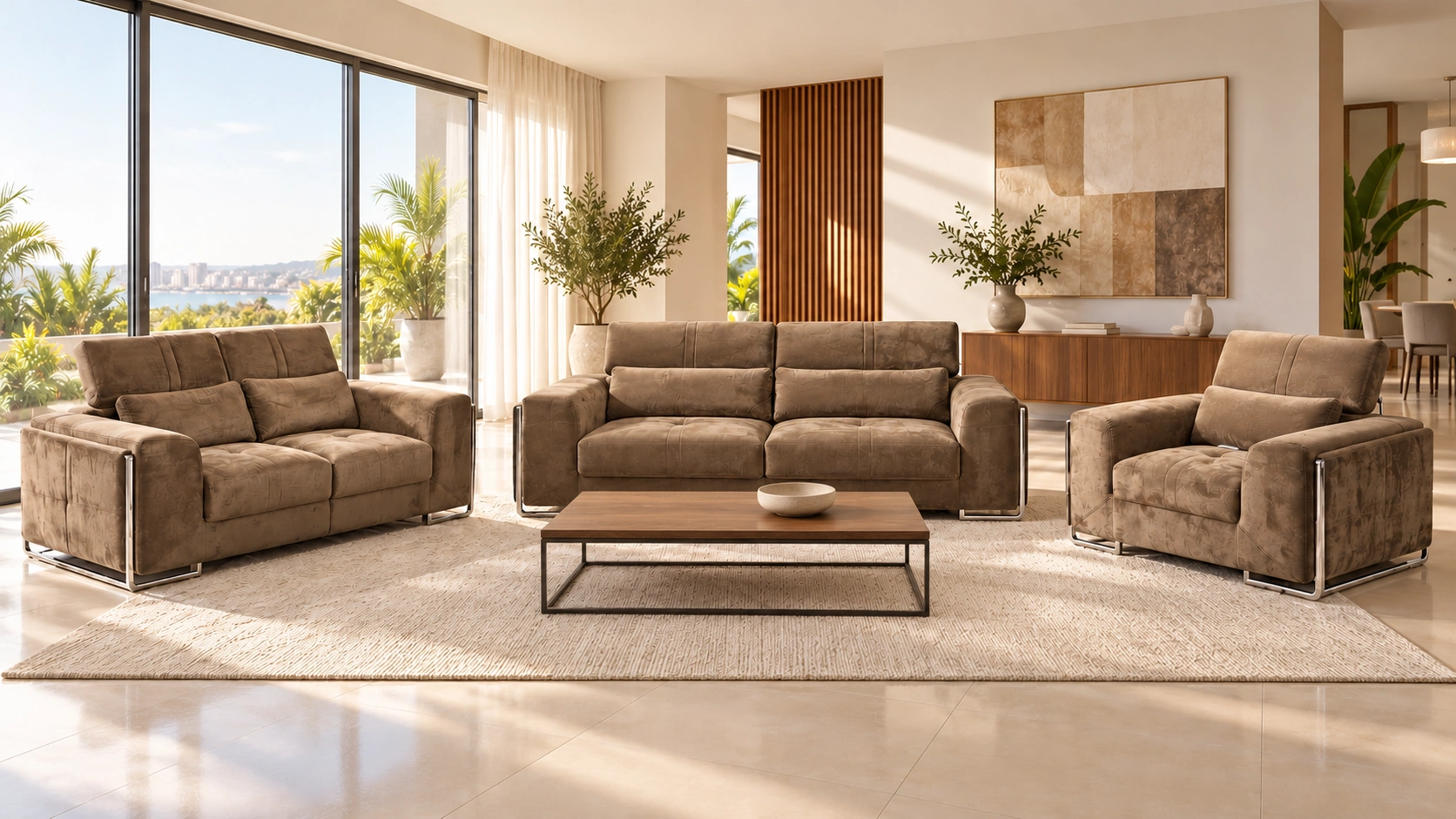 Visone, salon trois pièces taupe en ambiance sans modèle — G HOME